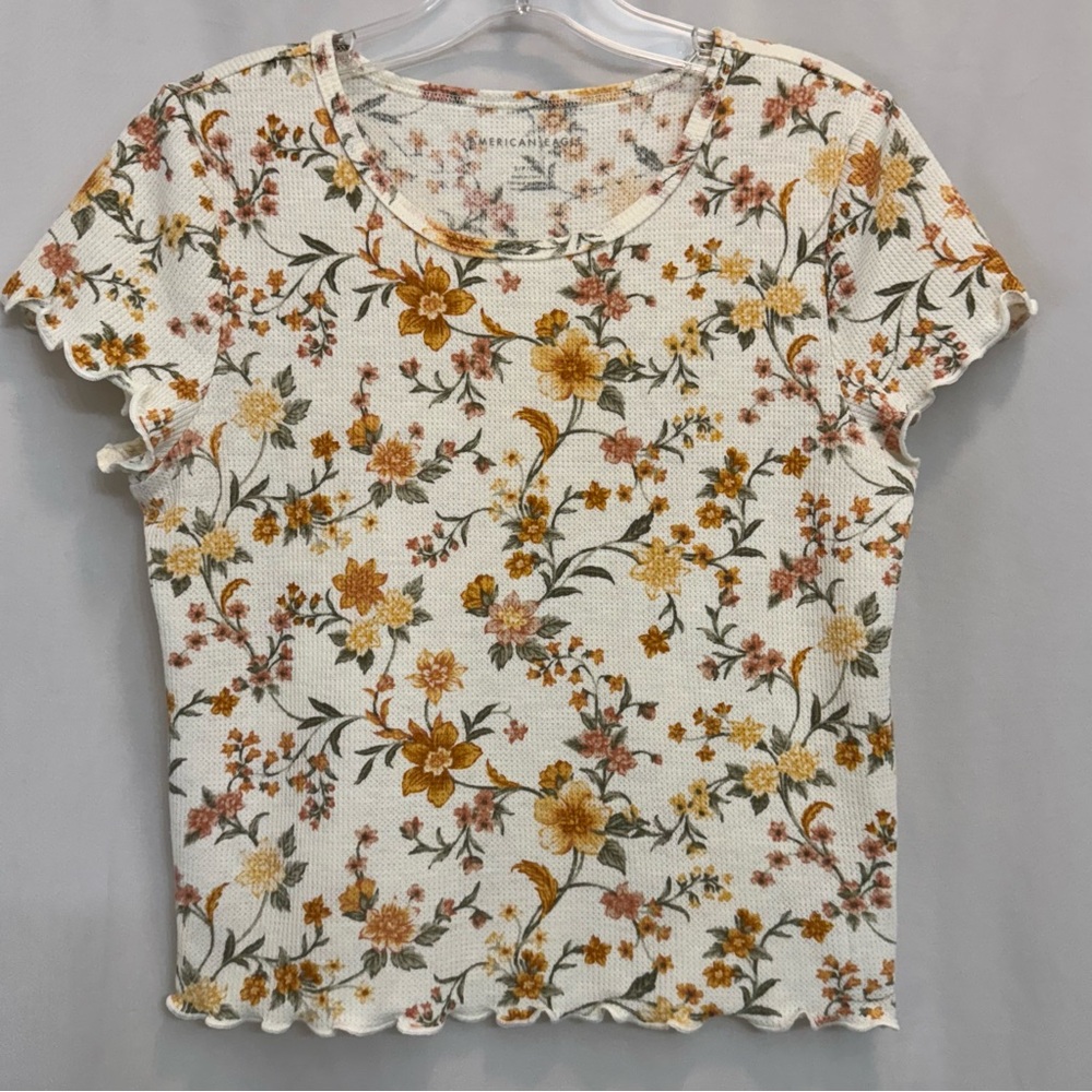 American Eagle Floral Lettuce Trim Waffle Knit Crop Top